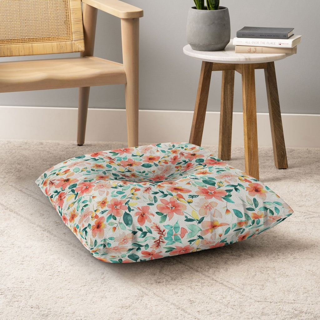 Ninola Design Botanic Retreat Tropical Whimsical Flowers Coral Green Floor Pillow Square