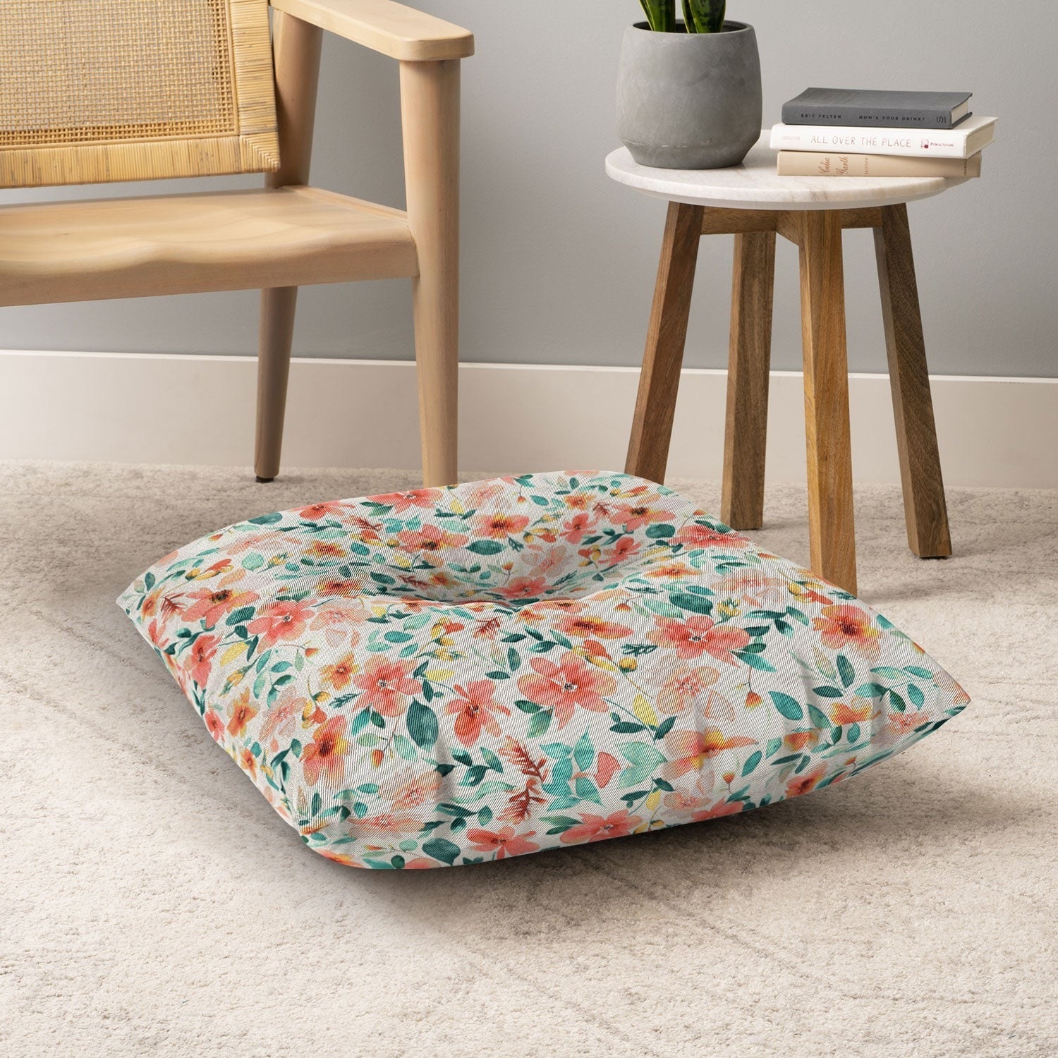 Ninola Design Botanic Retreat Tropical Whimsical Flowers Coral Green Floor Pillow Square