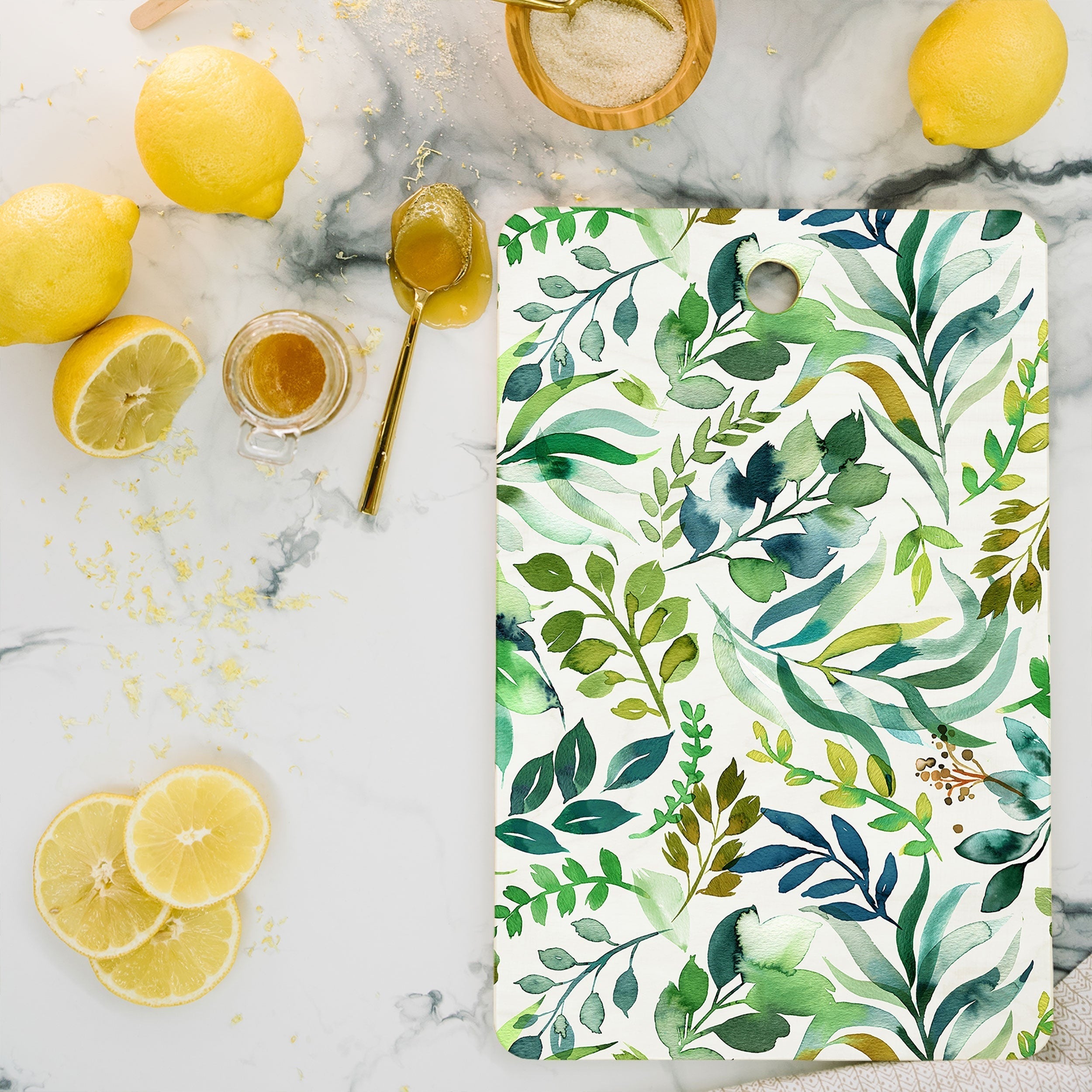 Ninola Design Botanic Retreat Loose Botanical Leaves Watercolor Green Cutting Board Rectangle