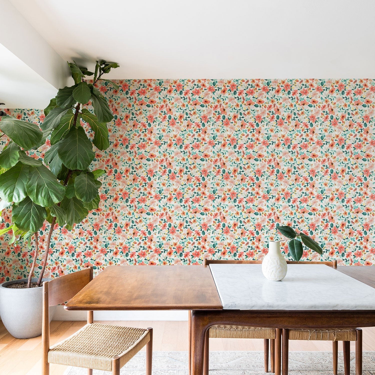 Ninola Design Botanic Retreat Tropical Whimsical Flowers Coral Green Wallpaper