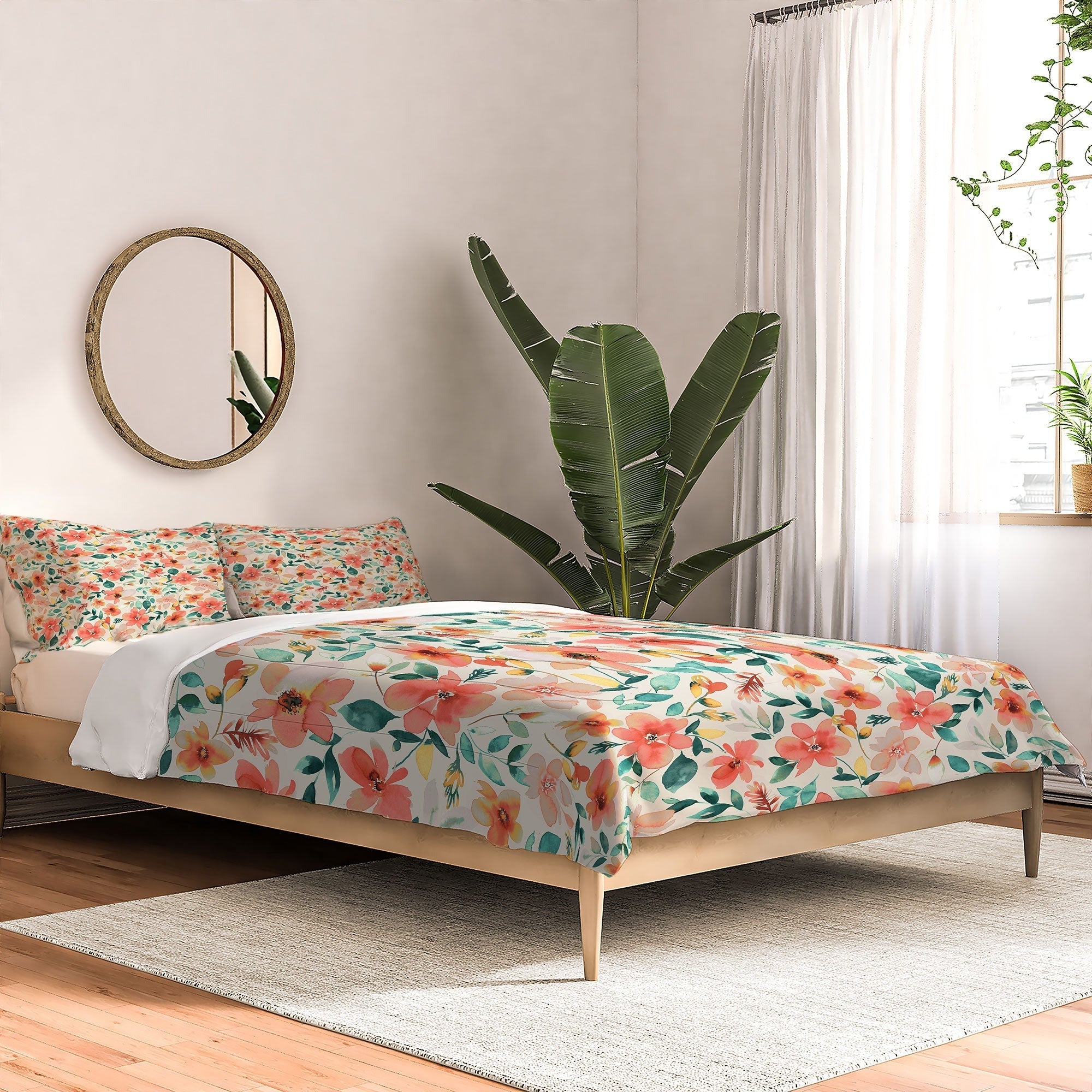 Ninola Design Botanic Retreat Tropical Whimsical Flowers Coral Green Comforter