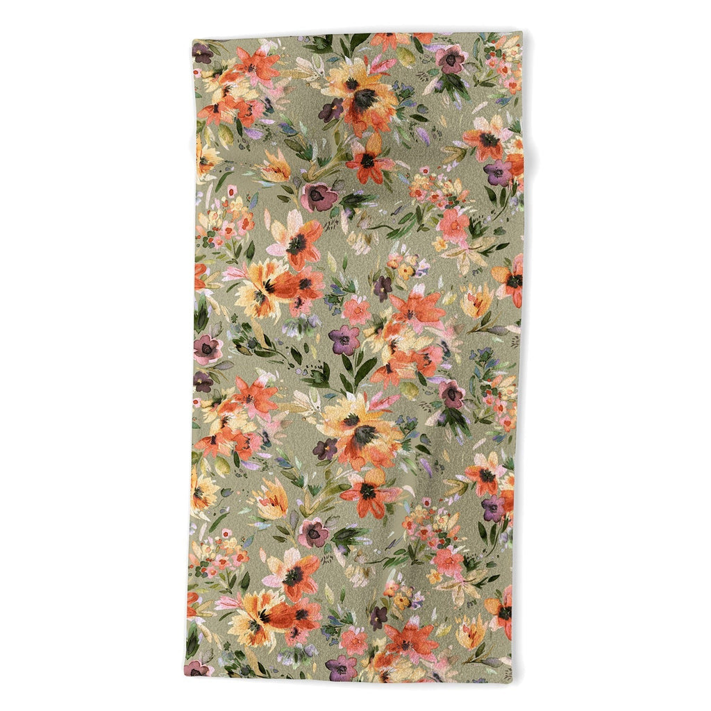 Ninola Design Botanic Retreat Painterly Tropical Flowers Sage Green Beach Towel