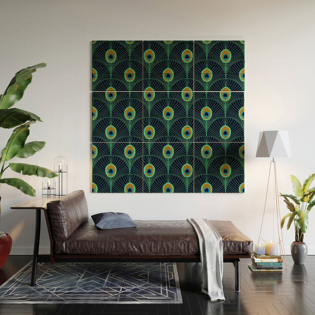 Design by Spark Peacock Deco Feathers Wood Wall Mural
