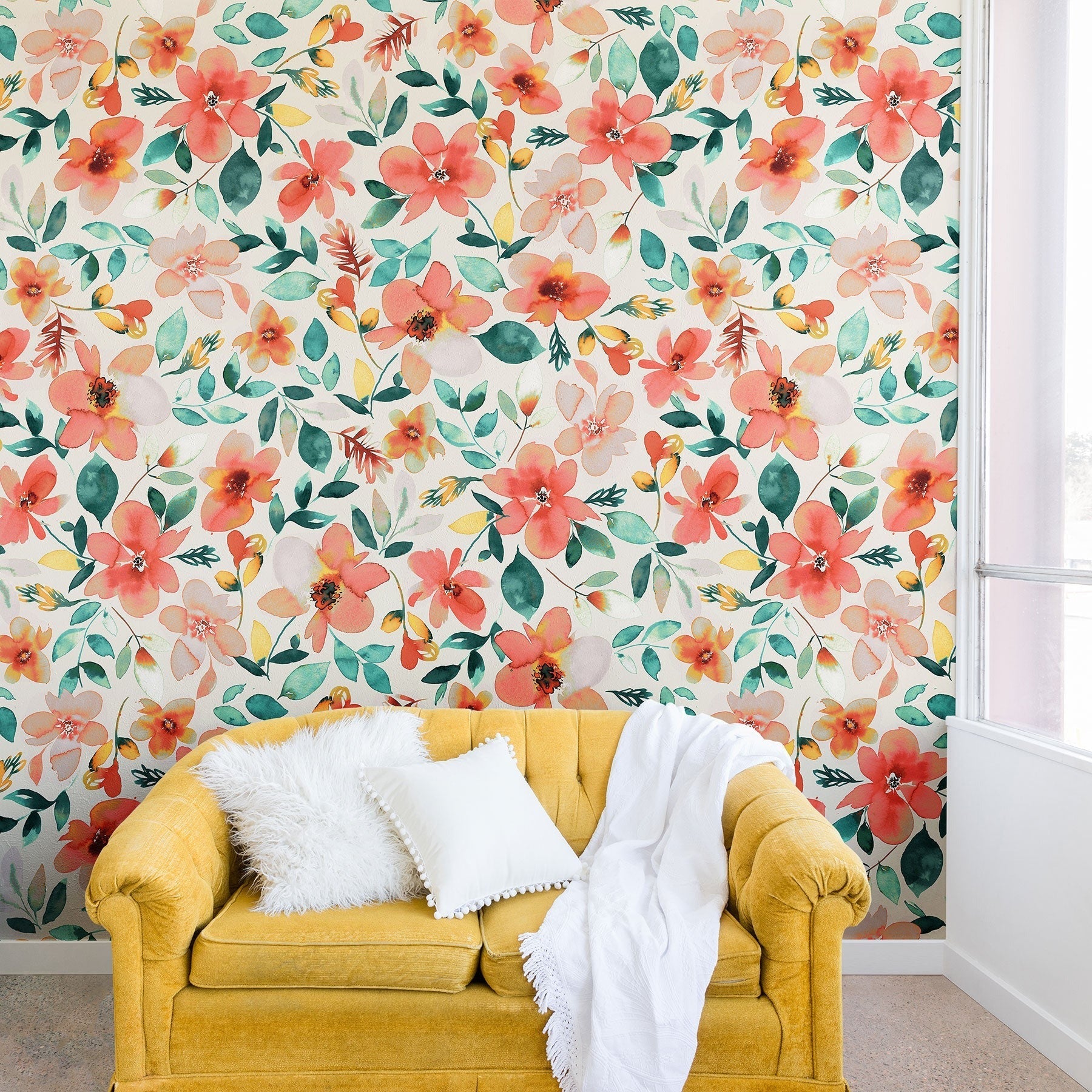 Ninola Design Botanic Retreat Tropical Whimsical Flowers Coral Green Wall Mural