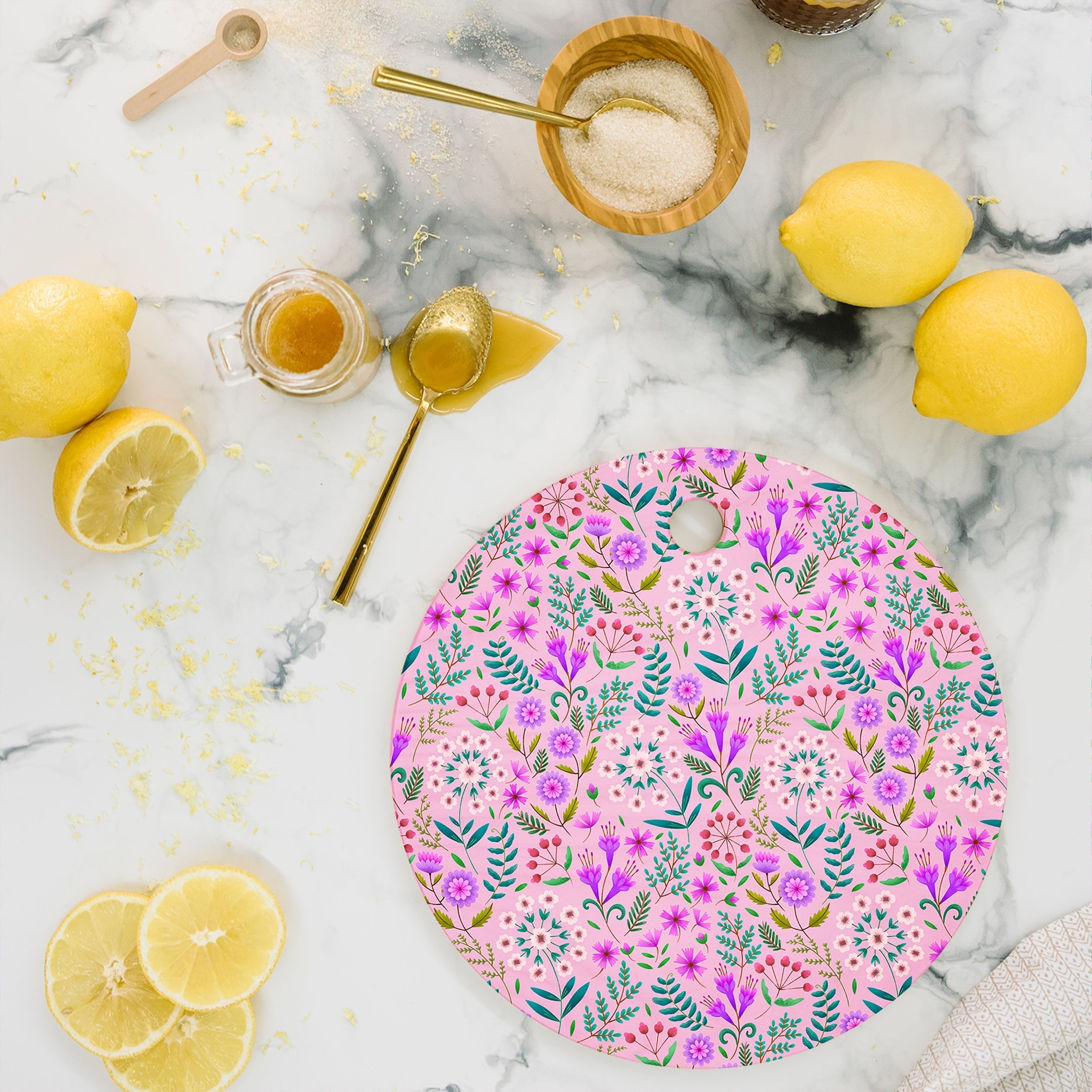 Pimlada Phuapradit Ditsy Purple Floral Half Drop Cutting Board Round