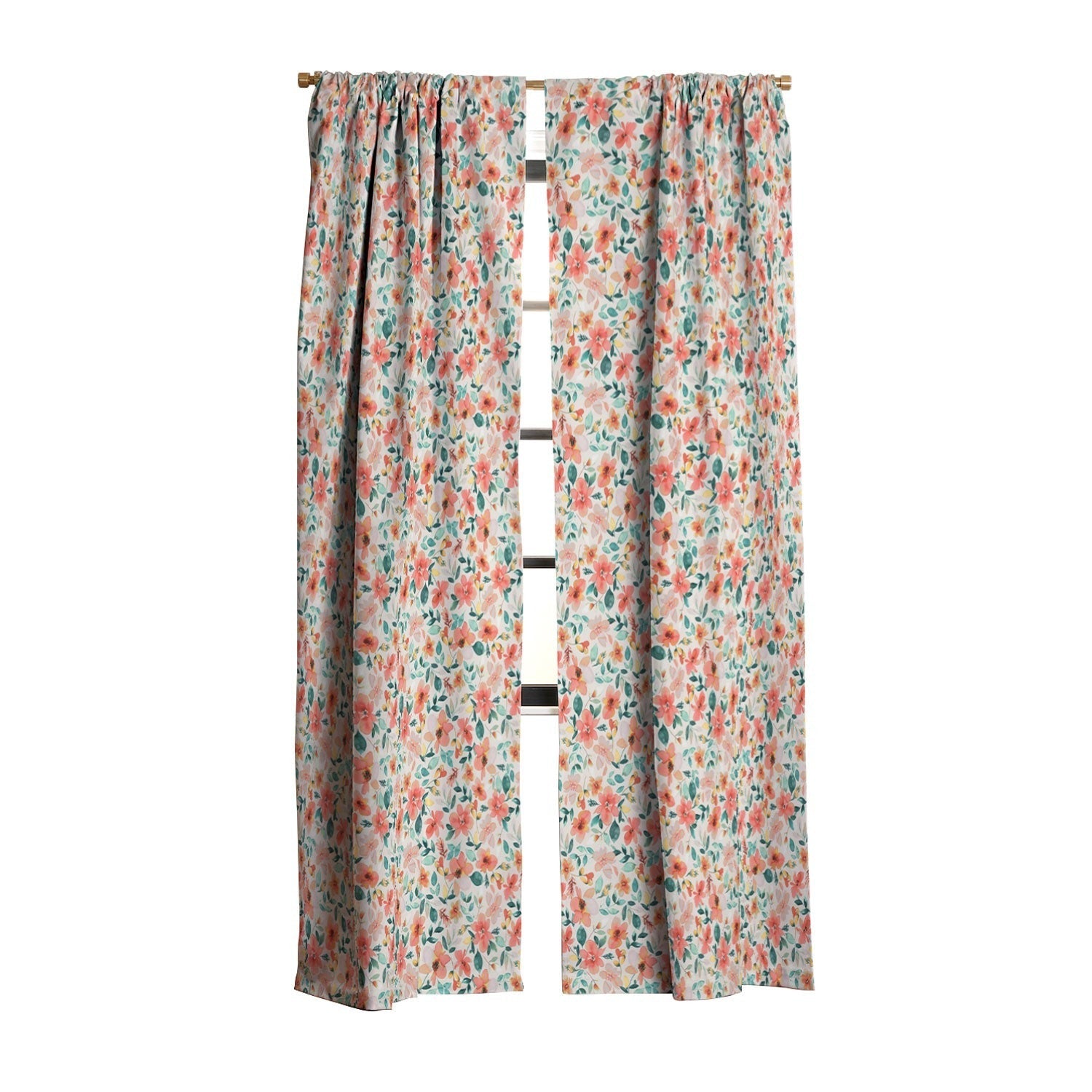 Ninola Design Botanic Retreat Tropical Whimsical Flowers Coral Green Blackout Window Curtain
