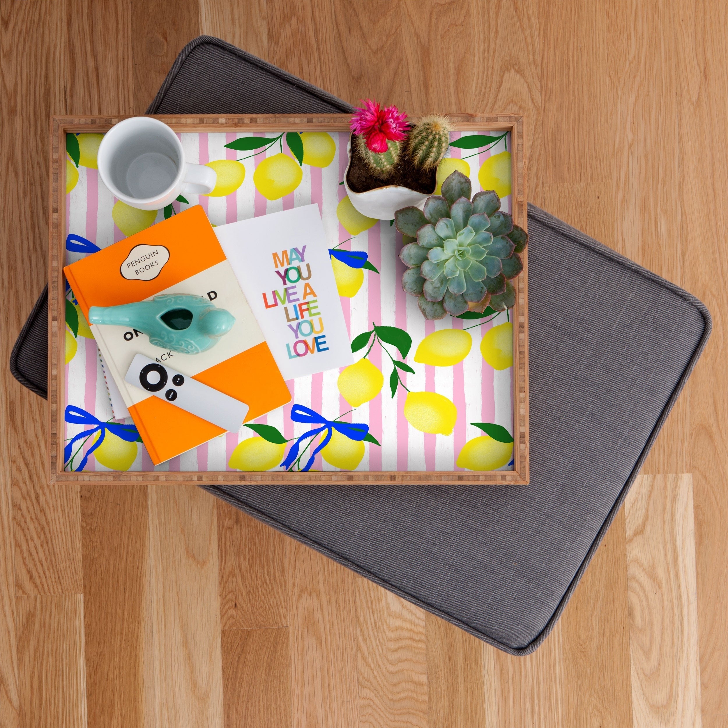 Design by Spark Zesty Lemons and Stripes Rectangular Tray