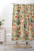 Ninola Design Botanic Retreat Painterly Tropical Flowers Sage Green Shower Curtain And Mat
