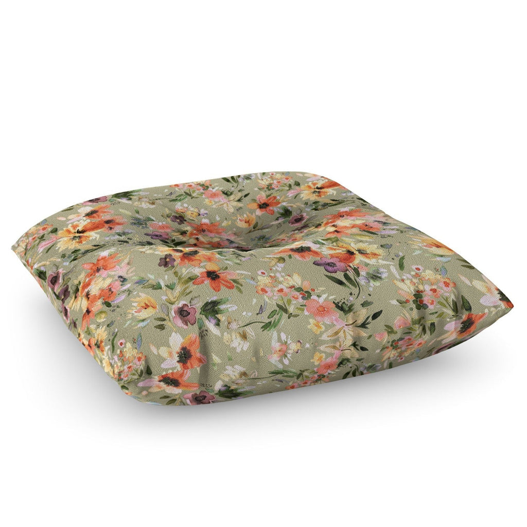 Ninola Design Botanic Retreat Floral Oleander Whimsical Teal Green Floor Pillow Square