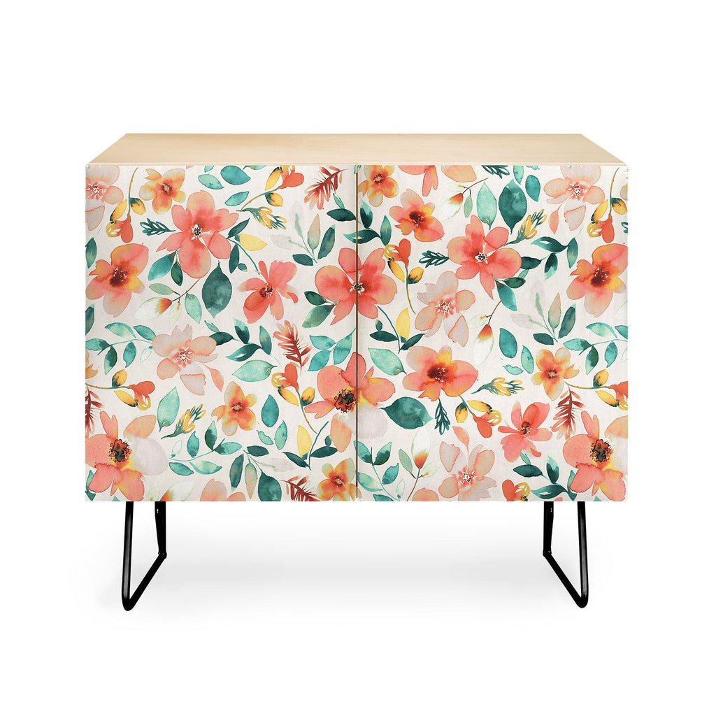 Ninola Design Botanic Retreat Tropical Whimsical Flowers Coral Green Credenza