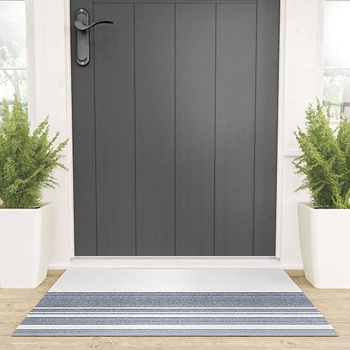 Kierkegaard Design Studio organic stripes naut navy blue and white Welcome Mat