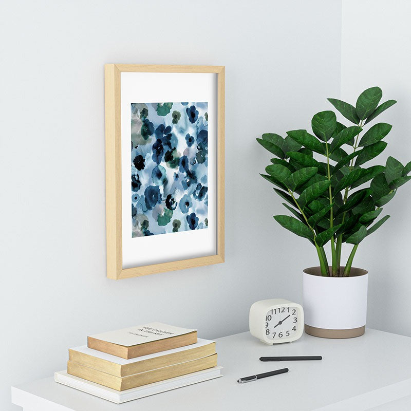 Ninola Design Botanic Retreat Ombre Abstract Watercolor Flowers Blue Navy Recessed Framing Rectangle