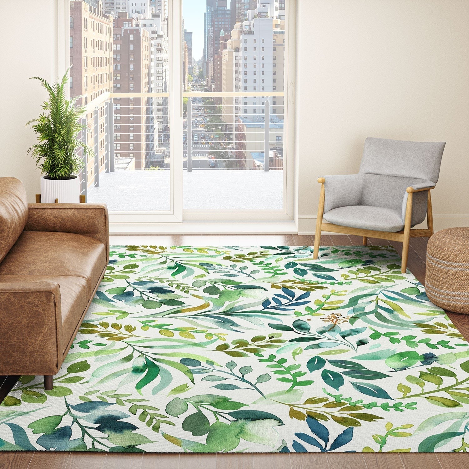 Ninola Design Botanic Retreat Loose Botanical Leaves Watercolor Green Area Rug