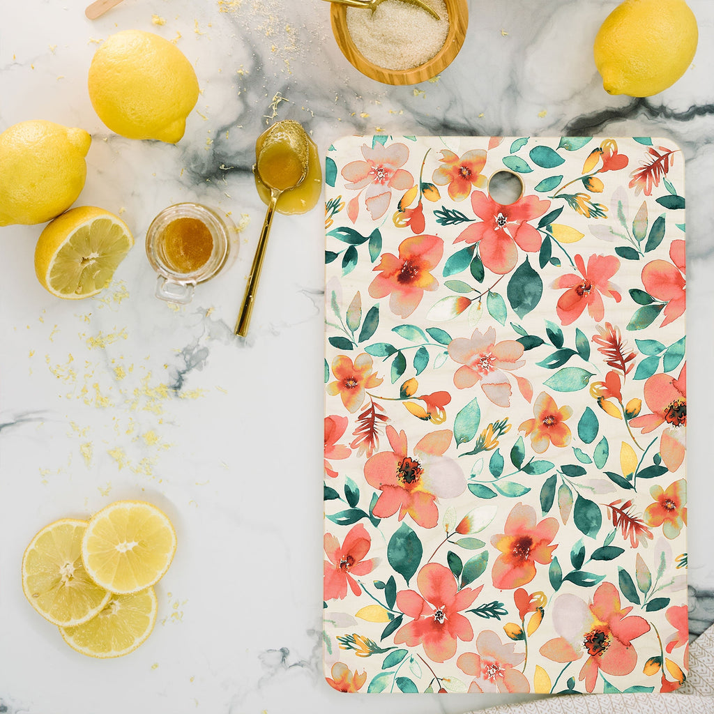 Ninola Design Botanic Retreat Tropical Whimsical Flowers Coral Green Cutting Board Rectangle
