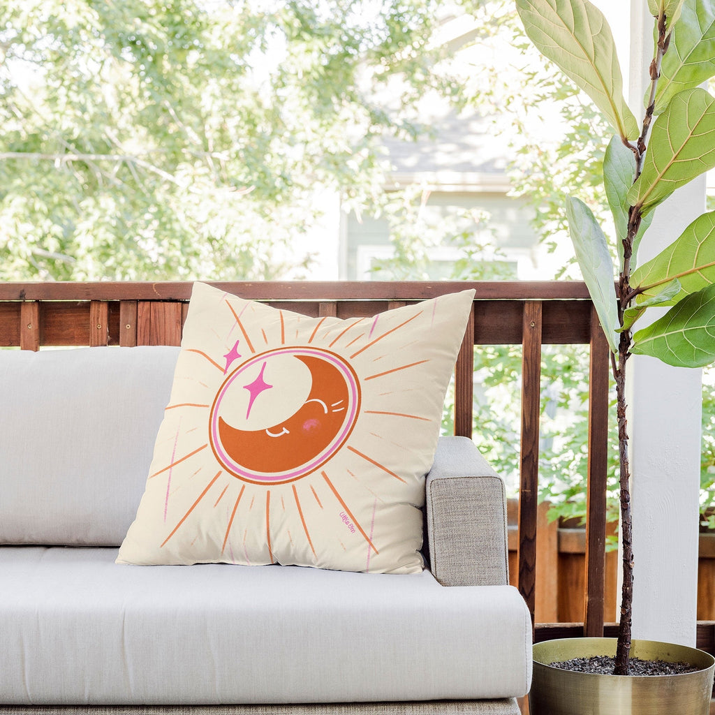 Little Om Celestial Moon cream Outdoor Throw Pillow