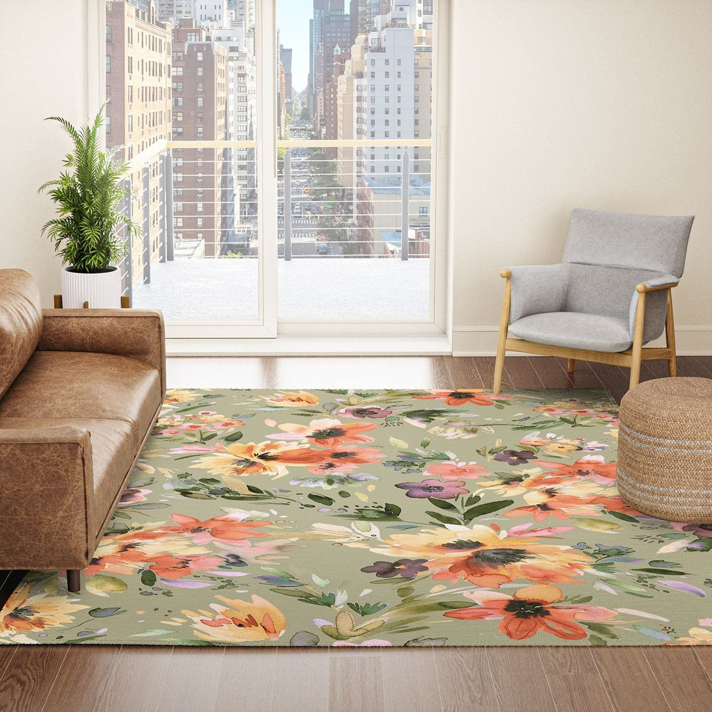 Ninola Design Botanic Retreat Painterly Tropical Flowers Sage Green Area Rug