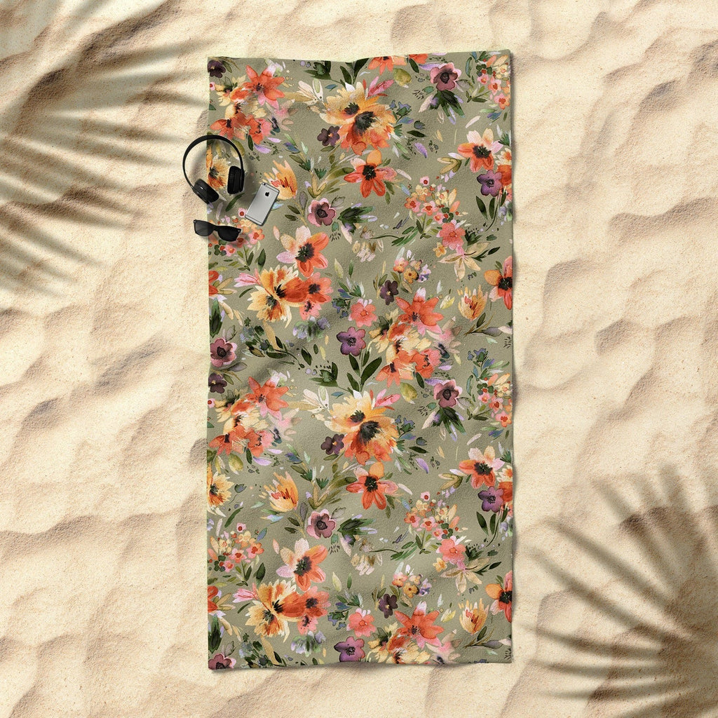 Ninola Design Botanic Retreat Painterly Tropical Flowers Sage Green Beach Towel