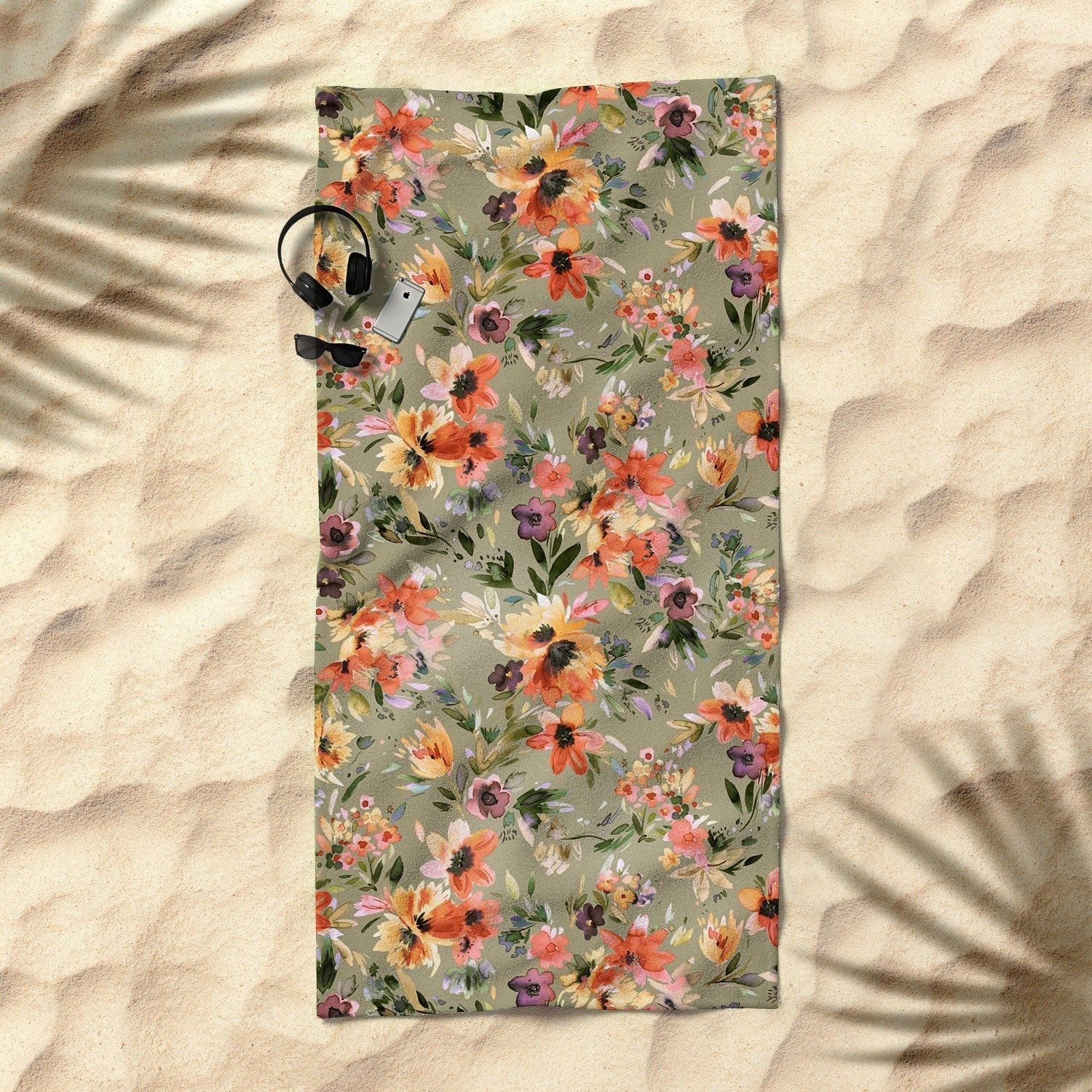 Ninola Design Botanic Retreat Painterly Tropical Flowers Sage Green Beach Towel