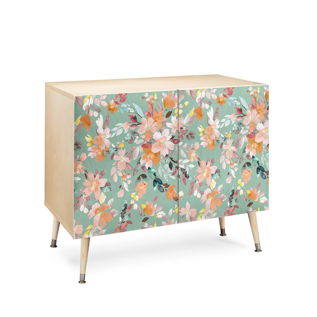 Ninola Design Botanic Retreat Floral Oleander Whimsical Teal Green Credenza
