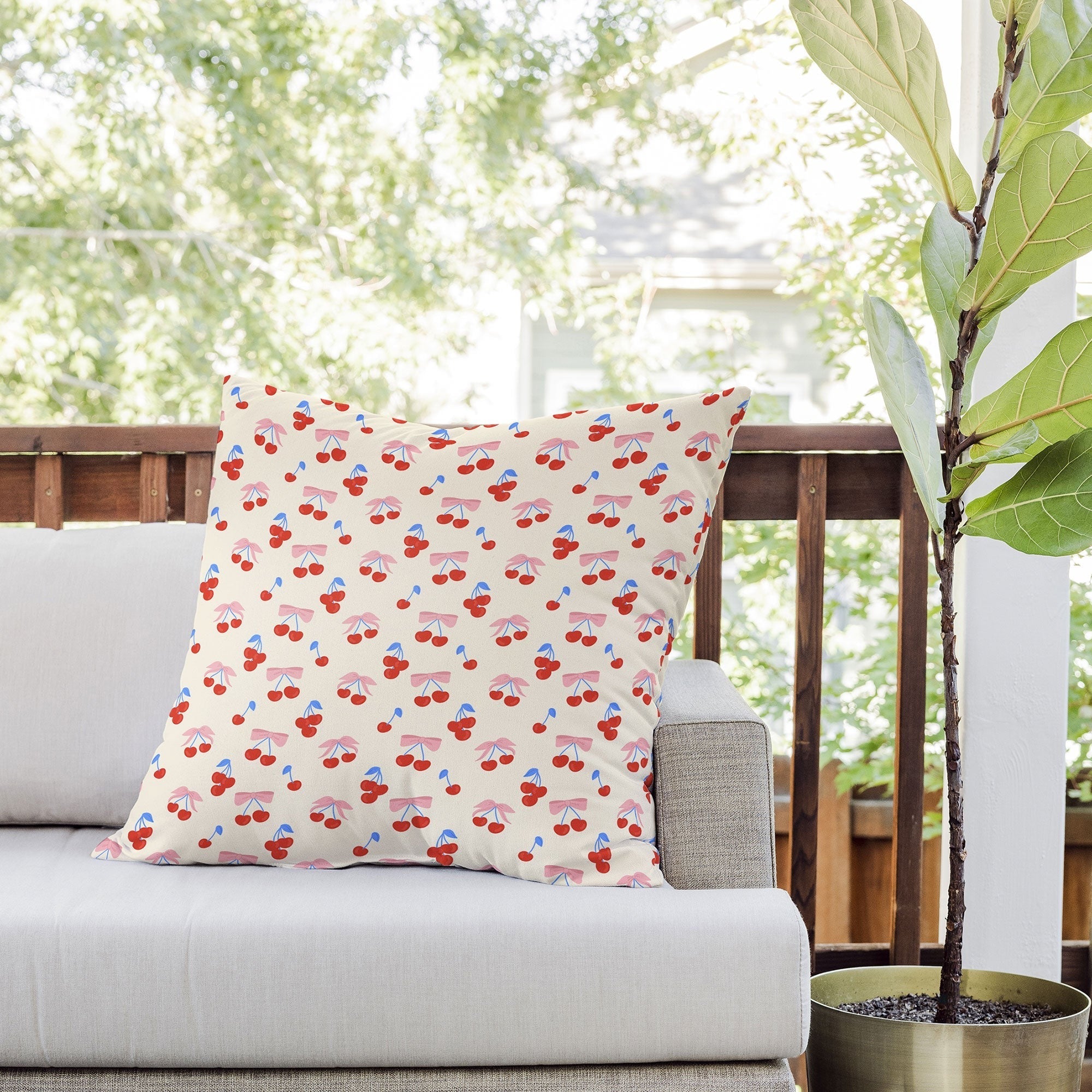 Design by Spark Cherries And Ribbons Outdoor Throw Pillow