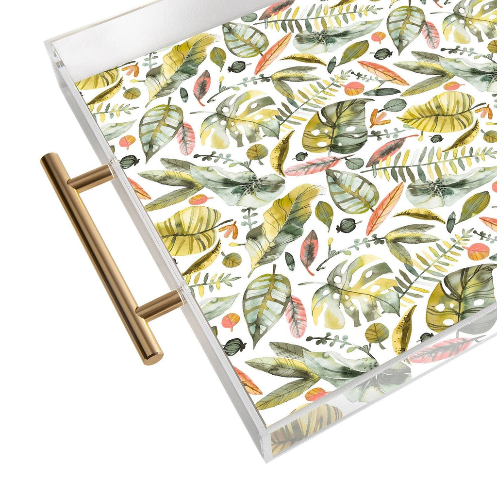 Ninola Design Botanic Retreat Tropical Jungle Leaves Botanical Green Orange Acrylic Tray