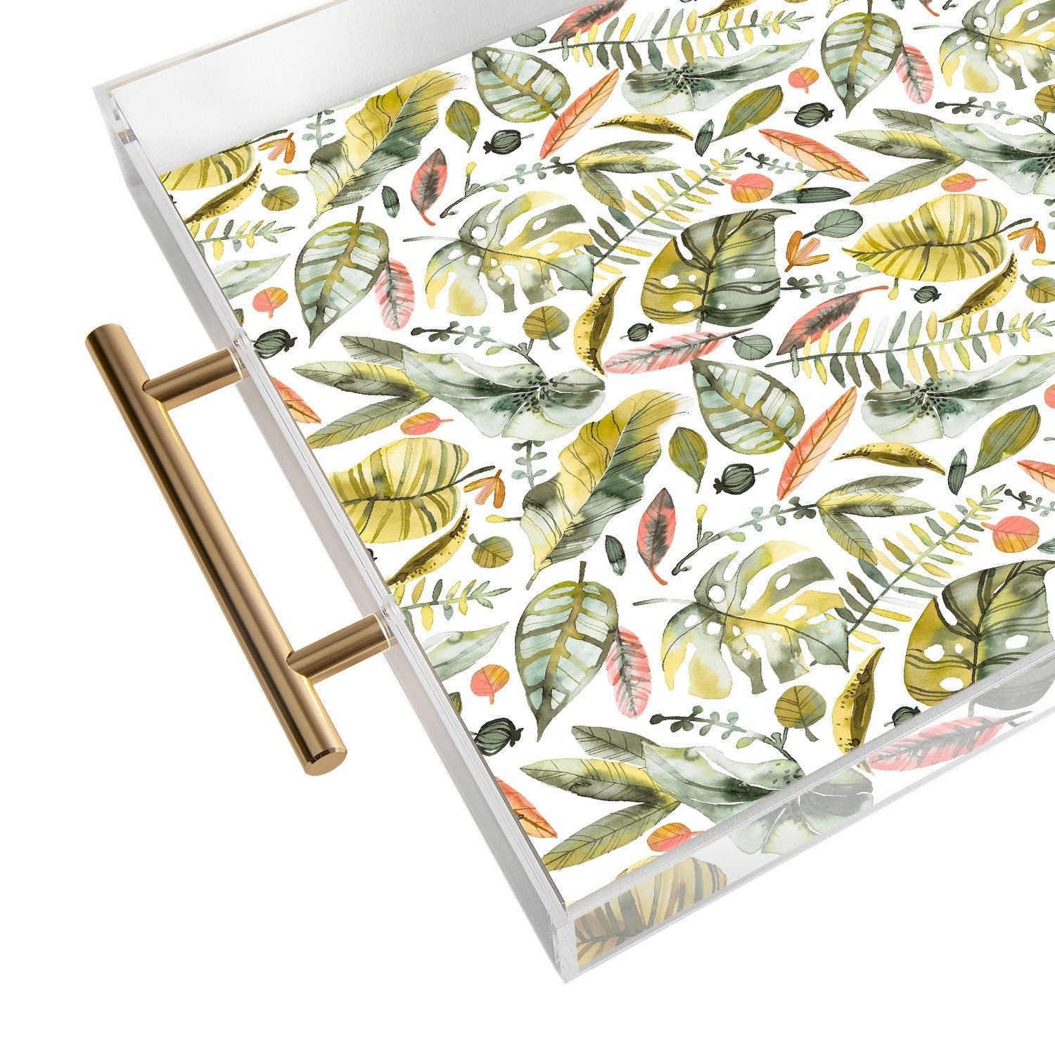 Ninola Design Botanic Retreat Tropical Jungle Leaves Botanical Green Orange Acrylic Tray