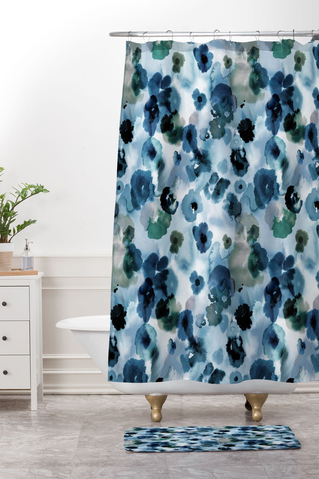 Ninola Design Botanic Retreat Ombre Abstract Watercolor Flowers Blue Navy Memory Foam Bath Mat