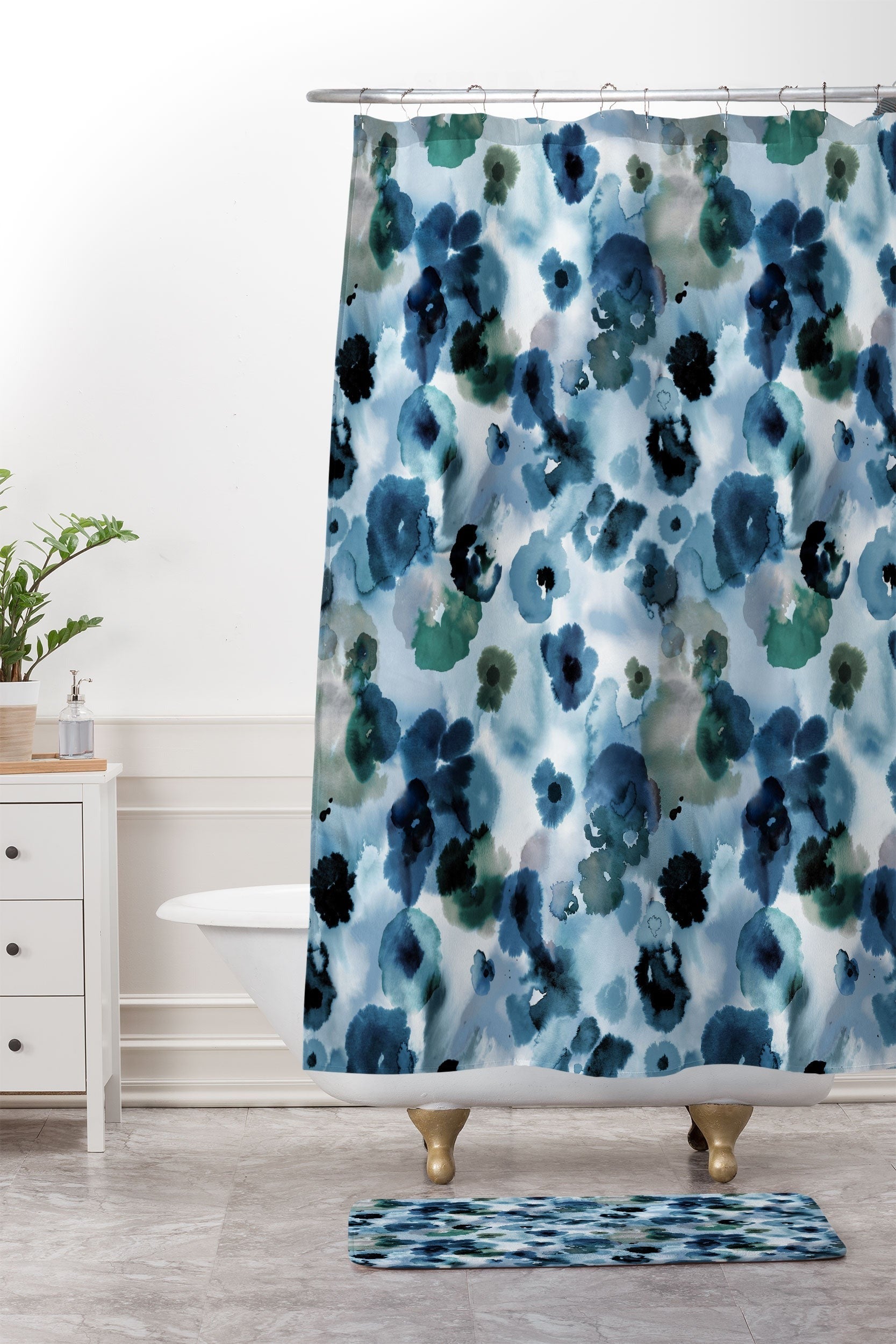 Ninola Design Botanic Retreat Ombre Abstract Watercolor Flowers Blue Navy Memory Foam Bath Mat