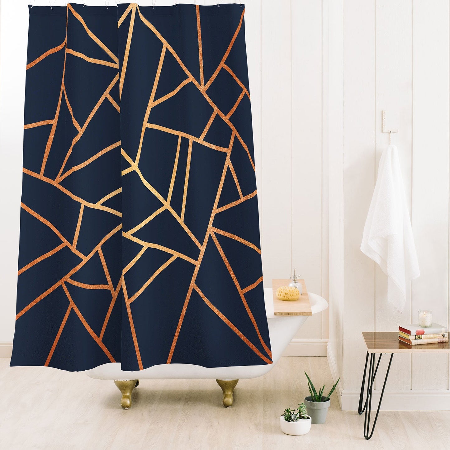 Elisabeth Fredriksson Copper And Midnight Navy Geo Shower Curtain