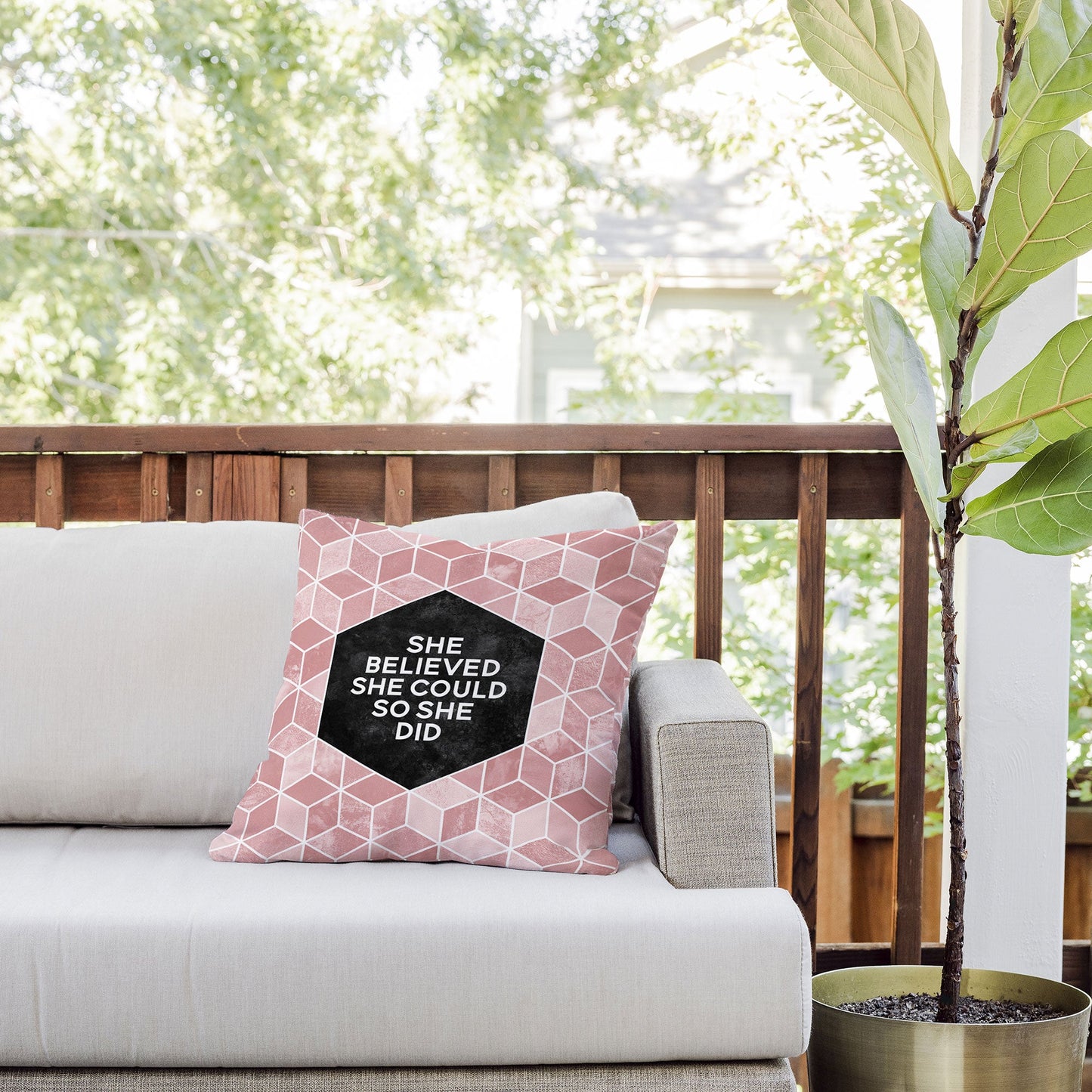 Elisabeth Fredriksson She Believed She Could Pink Outdoor Throw Pillow