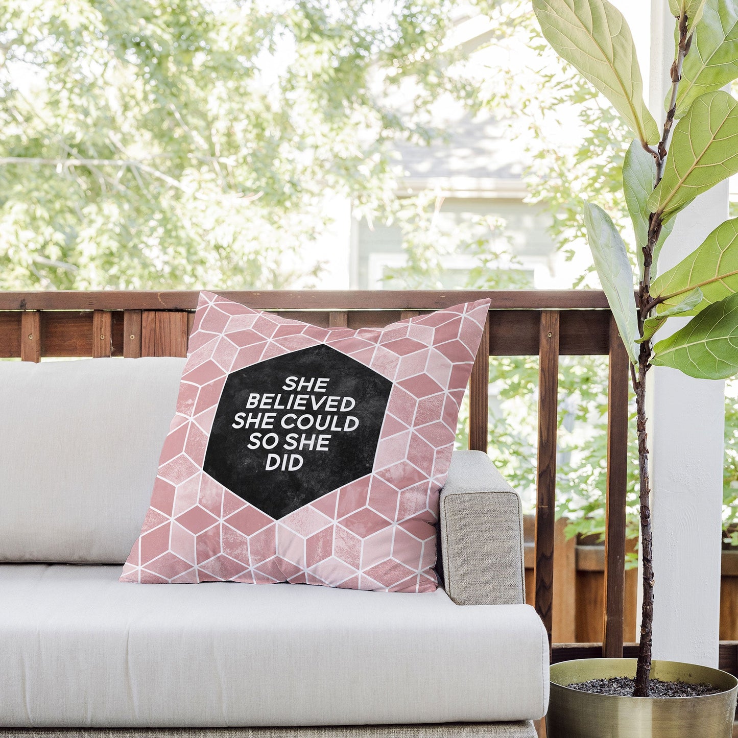 Elisabeth Fredriksson She Believed She Could Pink Outdoor Throw Pillow