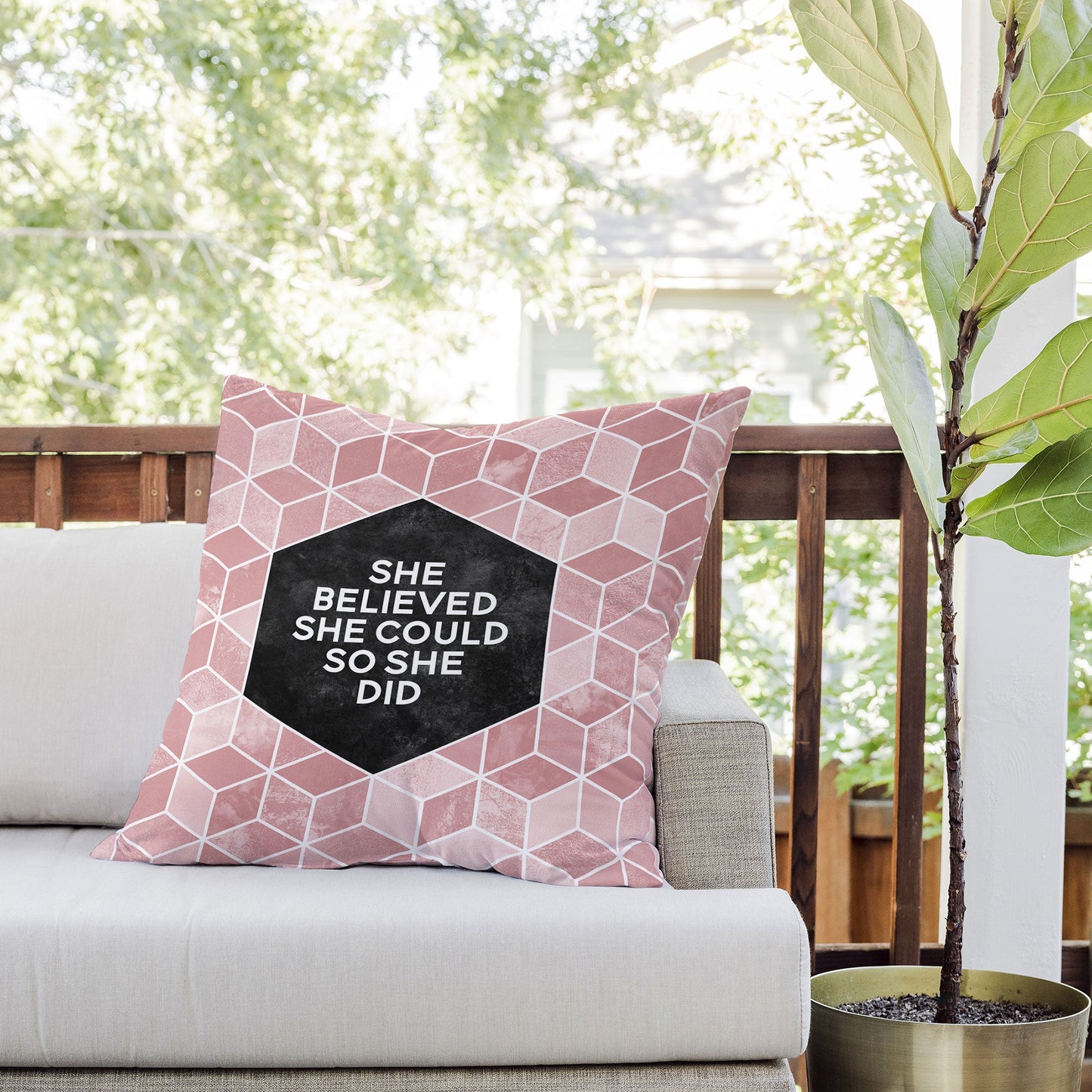 Elisabeth Fredriksson She Believed She Could Pink Outdoor Throw Pillow