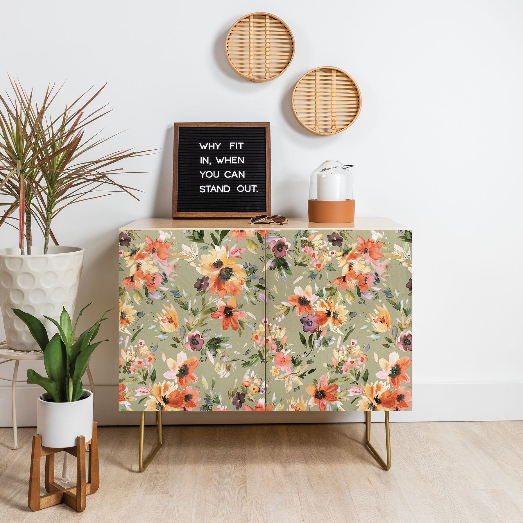 Ninola Design Botanic Retreat Painterly Tropical Flowers Sage Green Credenza