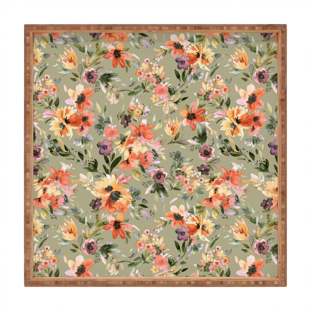 Ninola Design Botanic Retreat Floral Oleander Whimsical Teal Green Square Tray