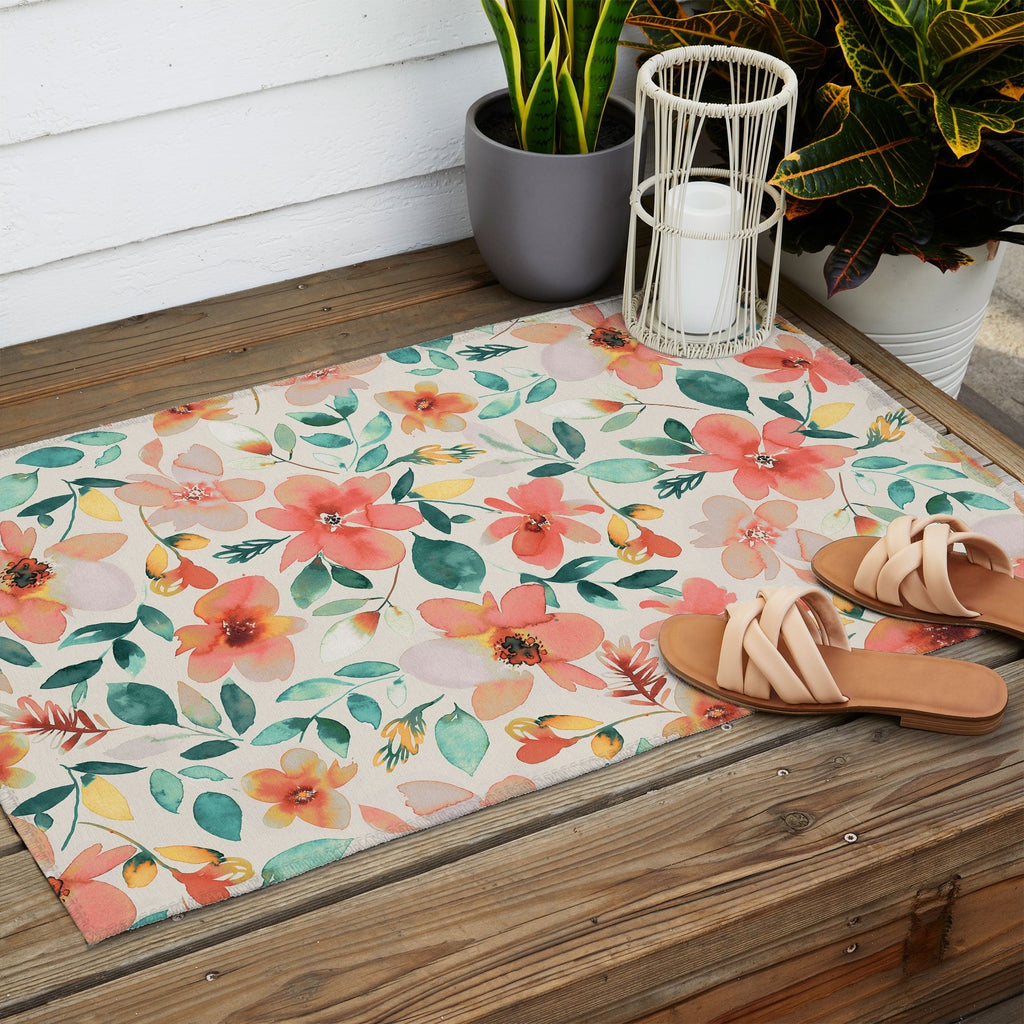 Ninola Design Botanic Retreat Tropical Whimsical Flowers Coral Green Outdoor Rug