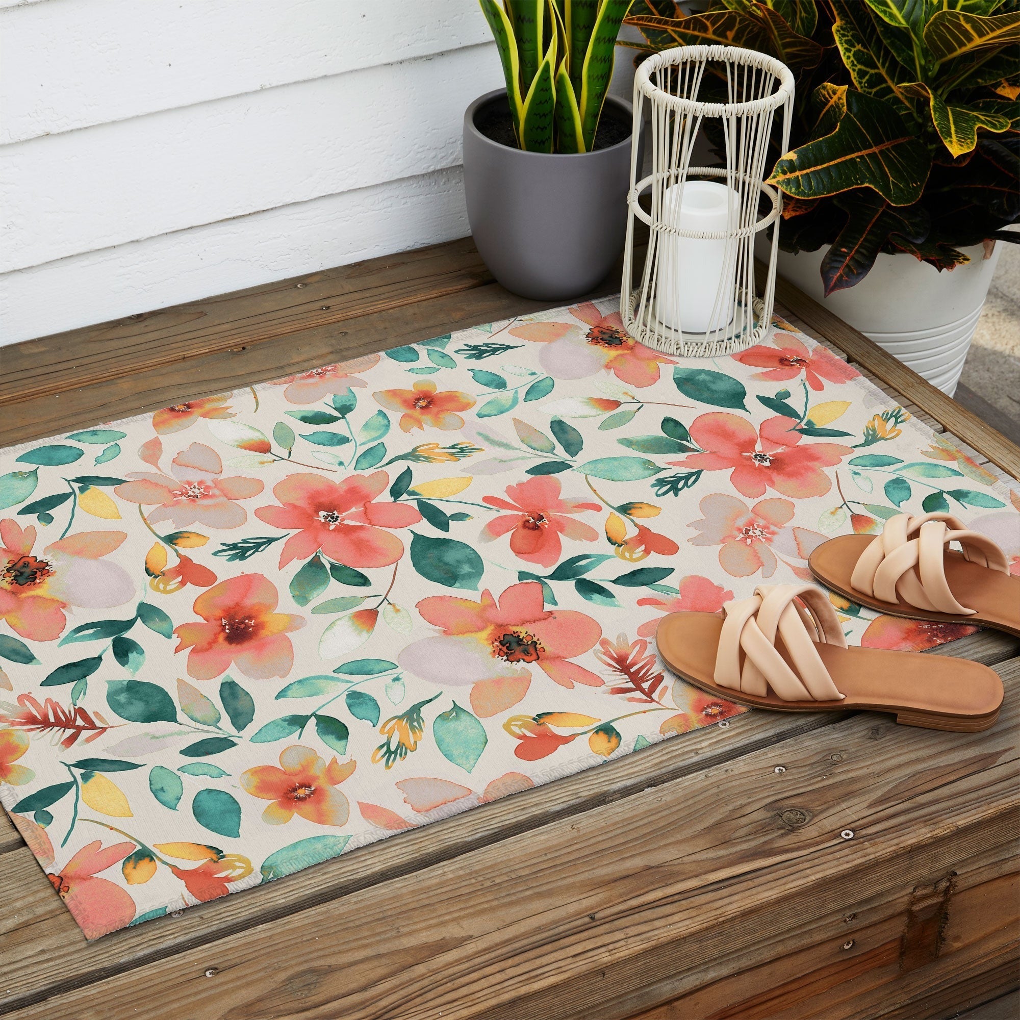 Ninola Design Botanic Retreat Tropical Whimsical Flowers Coral Green Outdoor Rug