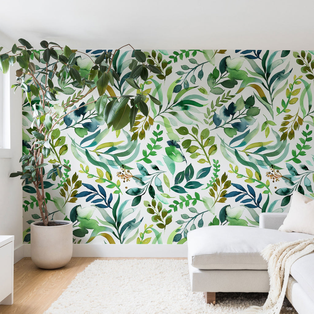 Ninola Design Botanic Retreat Loose Botanical Leaves Watercolor Green Wall Mural