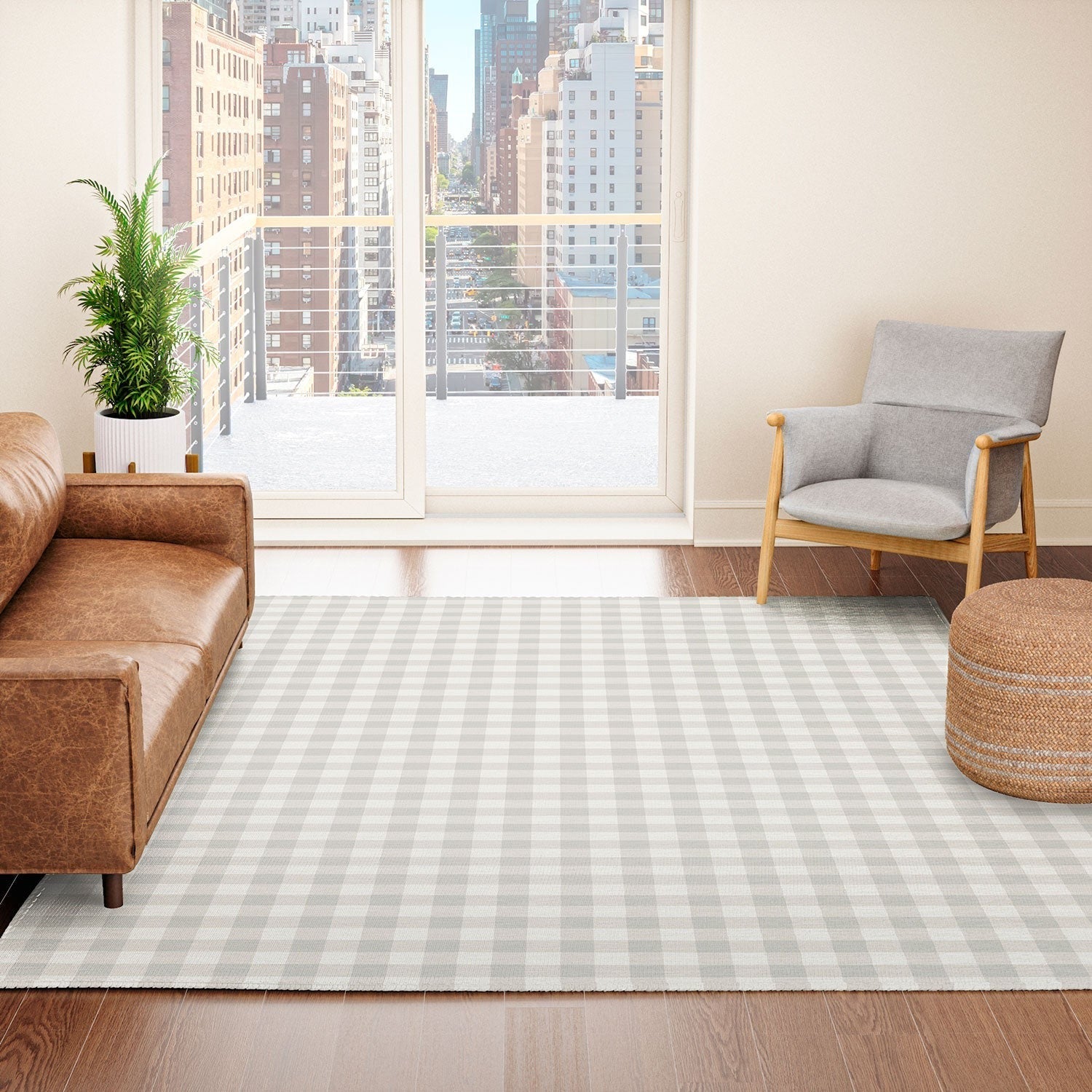 Colour Poems Gingham Plaid Pattern Cloud White Area Rug