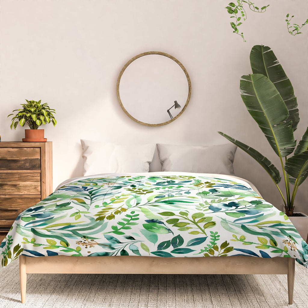 Ninola Design Botanic Retreat Loose Botanical Leaves Watercolor Green Comforter