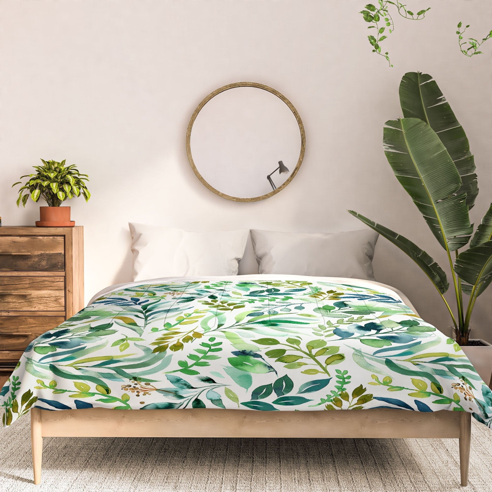 Ninola Design Botanic Retreat Loose Botanical Leaves Watercolor Green Comforter