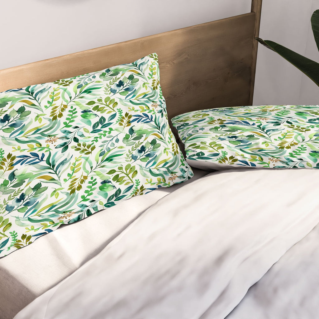 Ninola Design Botanic Retreat Loose Botanical Leaves Watercolor Green Pillow Shams