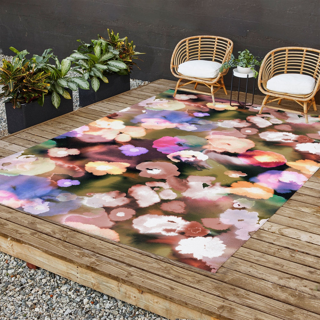 Ninola Design Botanic Retreat Ombre Abstract Watercolor Flowers Pink gold Outdoor Rug