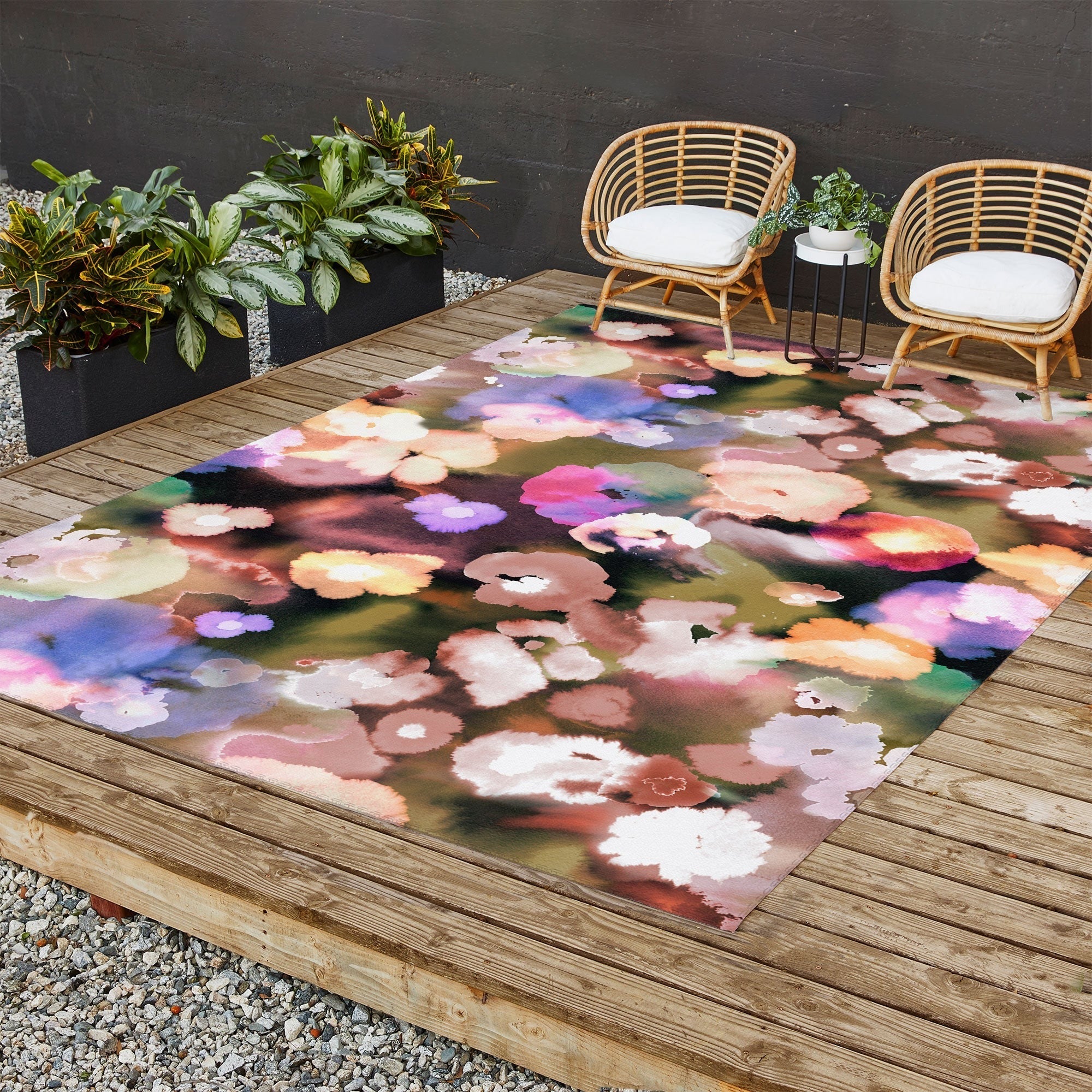 Ninola Design Botanic Retreat Ombre Abstract Watercolor Flowers Pink gold Outdoor Rug
