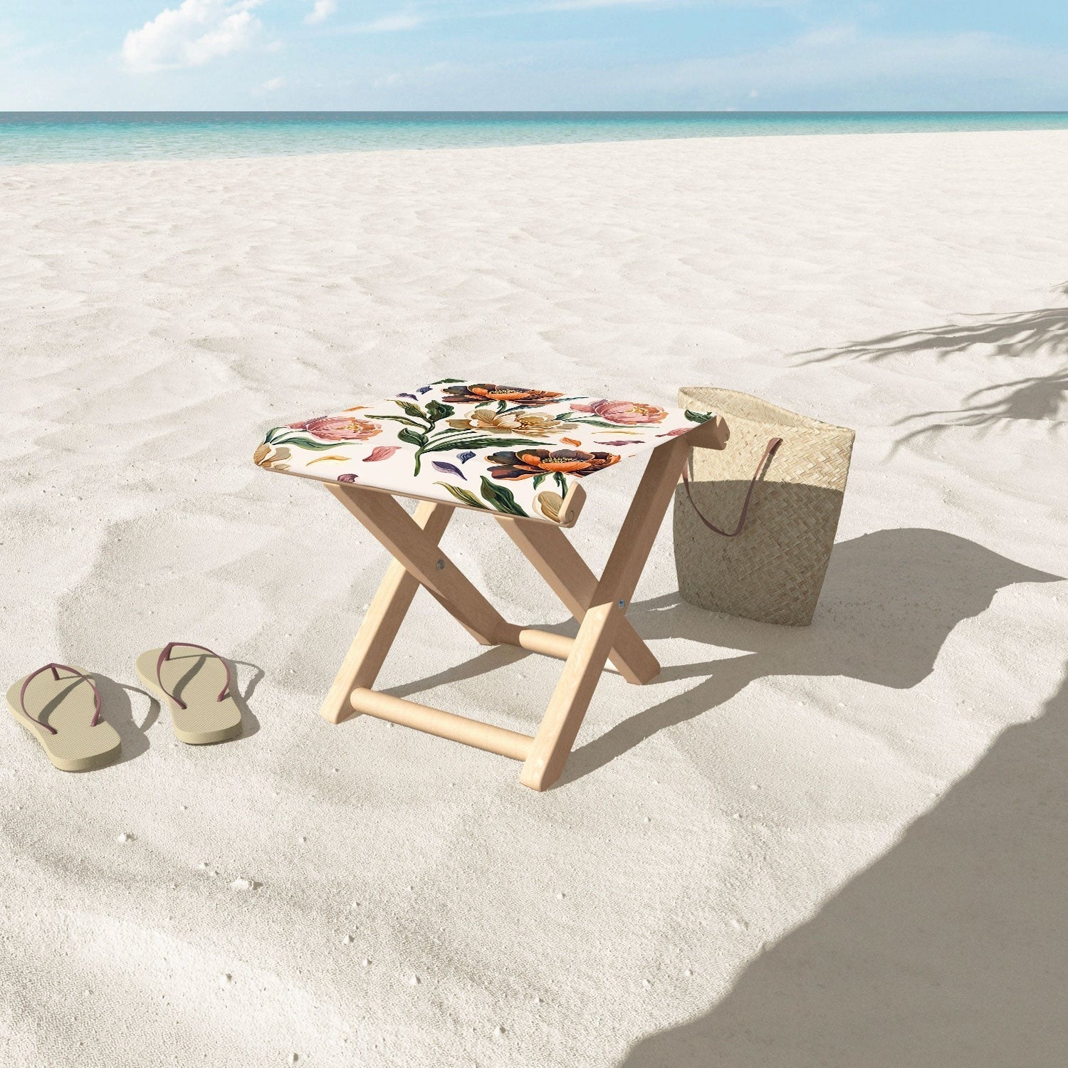Marta Barragan Camarasa Hand Painted Peony Florals Folding Stool