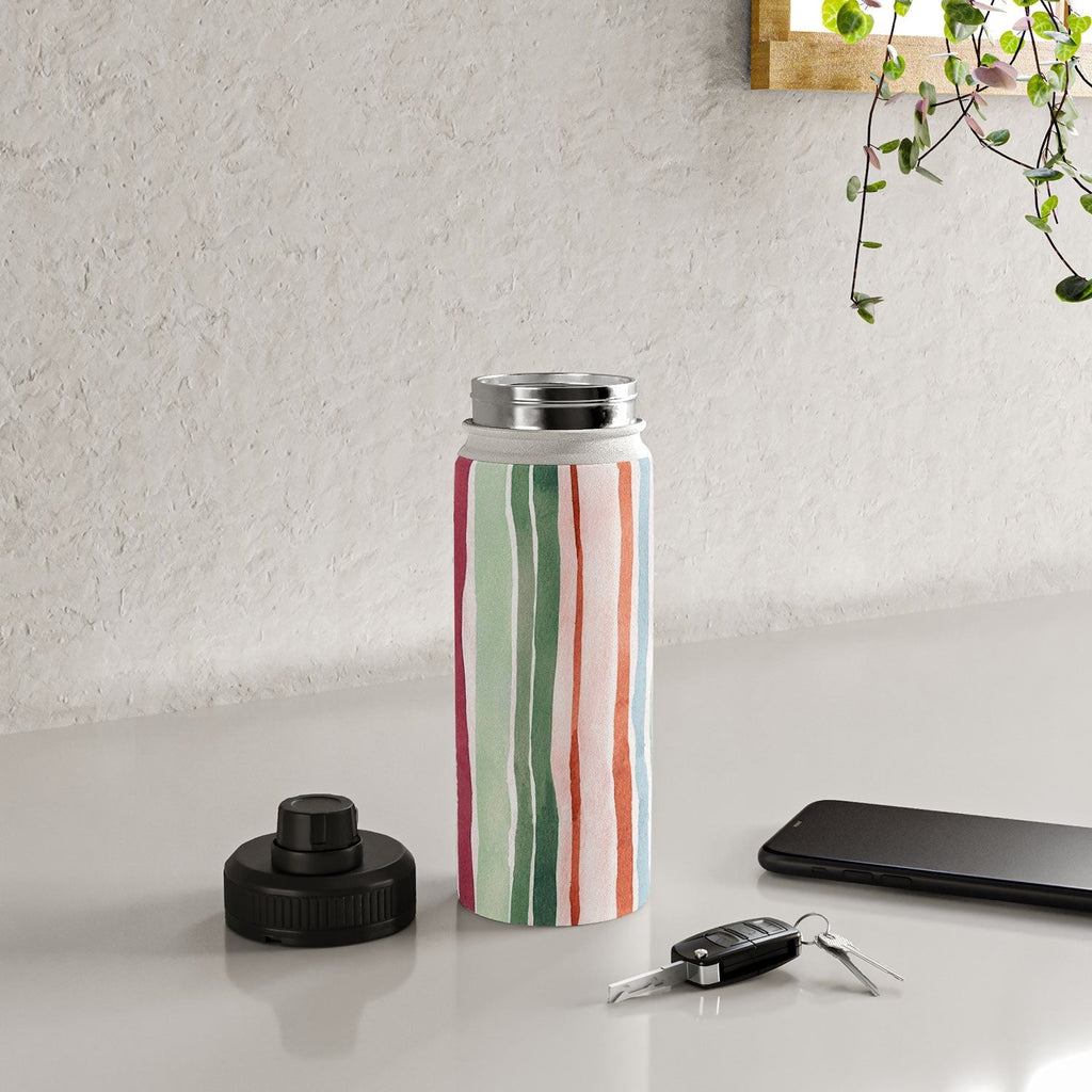 Ninola Design Botanic Retreat Watercolor Stripes Green Orange Red Water Bottle