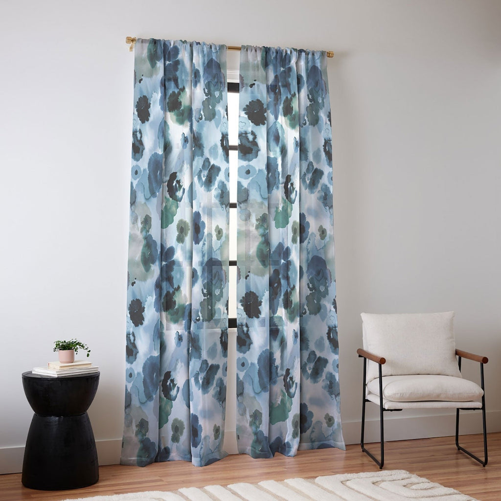 Ninola Design Botanic Retreat Ombre Abstract Watercolor Flowers Blue Navy Sheer Non Repeat