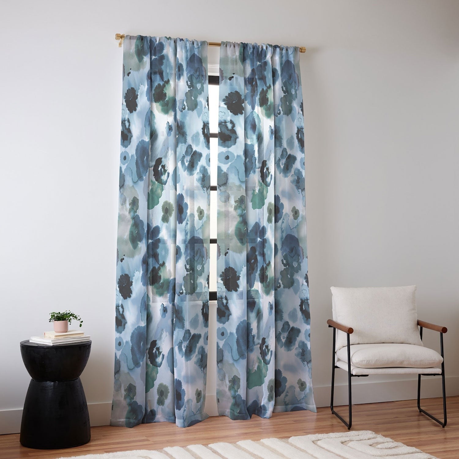 Ninola Design Botanic Retreat Ombre Abstract Watercolor Flowers Blue Navy Sheer Non Repeat