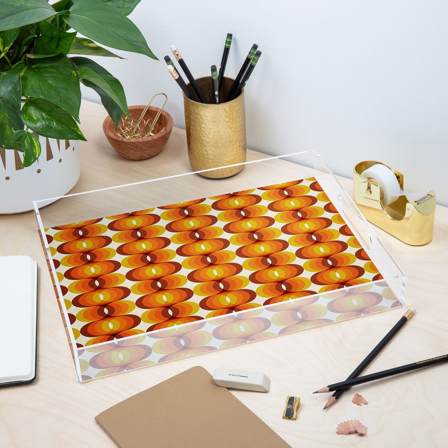 Eyestigmatic Design Orange Brown and Ivory Retro 1960s Acrylic Tray