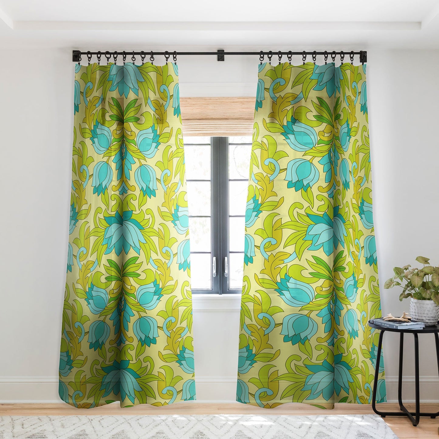 Eyestigmatic Design Turquoise and Green Leaves 1960s Sheer Non Repeat