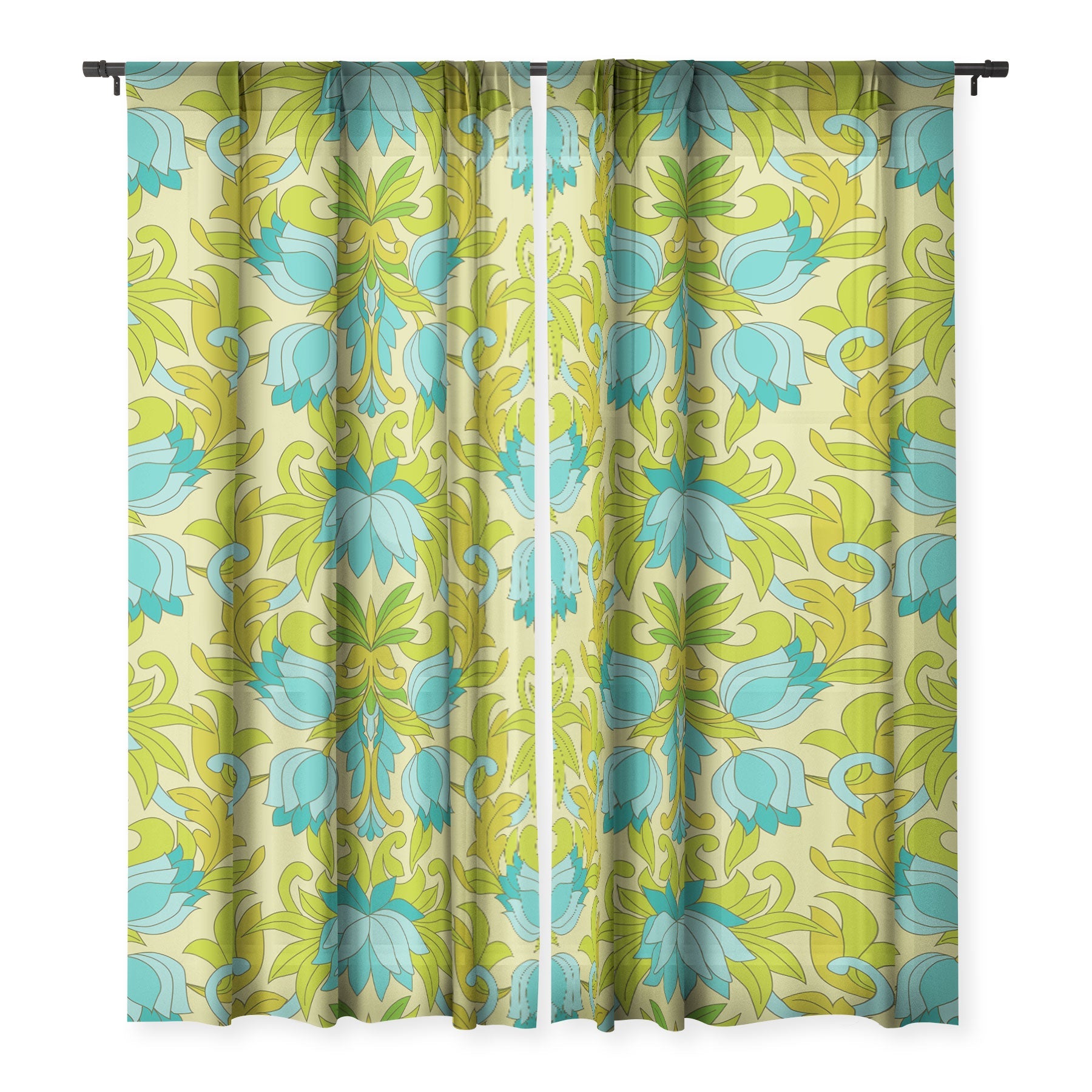 Eyestigmatic Design Turquoise and Green Leaves 1960s Sheer Non Repeat